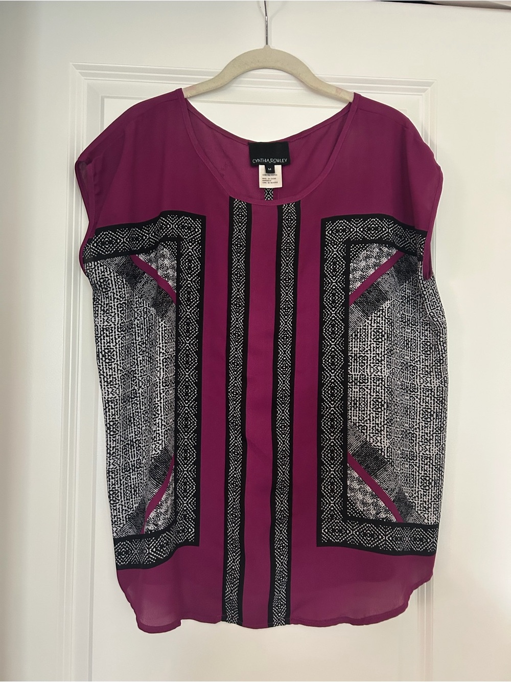 Cynthia Rowley Magenta and Black Patterned Short-Sleeve Blouse